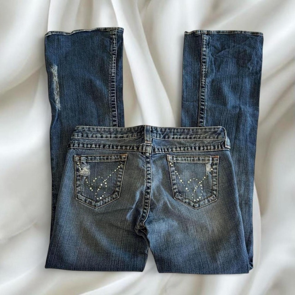 Y2K vintage Bebe rhinestone distressed light wash bootcut flared denim jeans